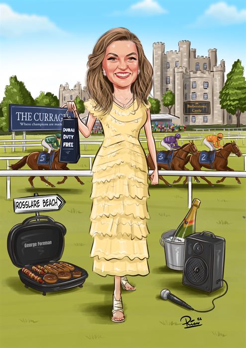 Personalised caricature of a woman in a yellow dress at the Curragh races, with Barberstown Castle, a Rosslare Beach signpost, champagne and a karaoke mic