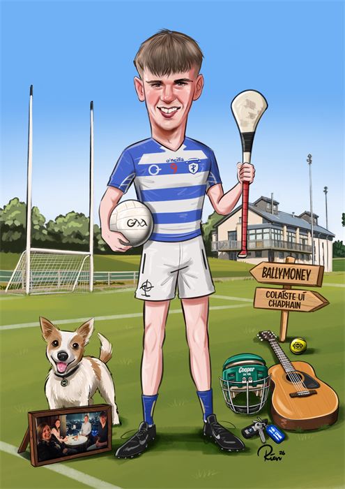 Caricature of a young sportsman in a blue and white kit with his dog and his hobbies