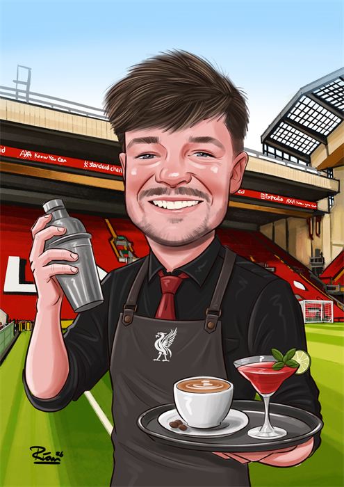 Caricature of a bartender in a Liverpool jersey carrying coffee and a cocktail