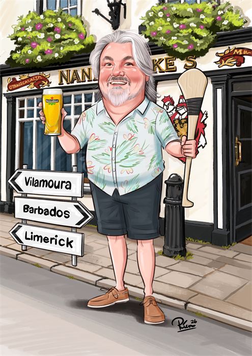 Caricature of a man with a pint outside his local pub, with signposts to Vilamoura, Barbados and Limerick