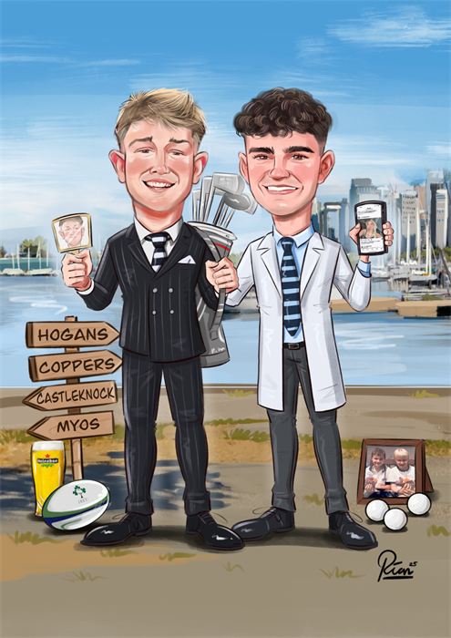 Personalised caricature gift of two young men in suits surrounded by their favourite things