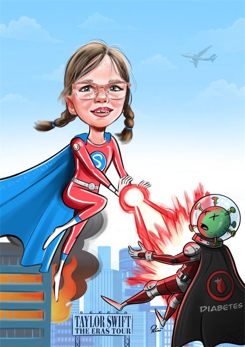 Superhero-style caricature of a girl flying over a city and defeating a diabetes monster