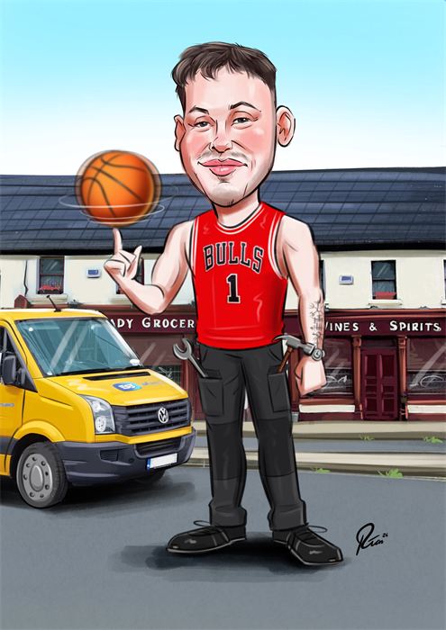 Caricature of a man spinning a basketball in a Bulls jersey beside a taxi