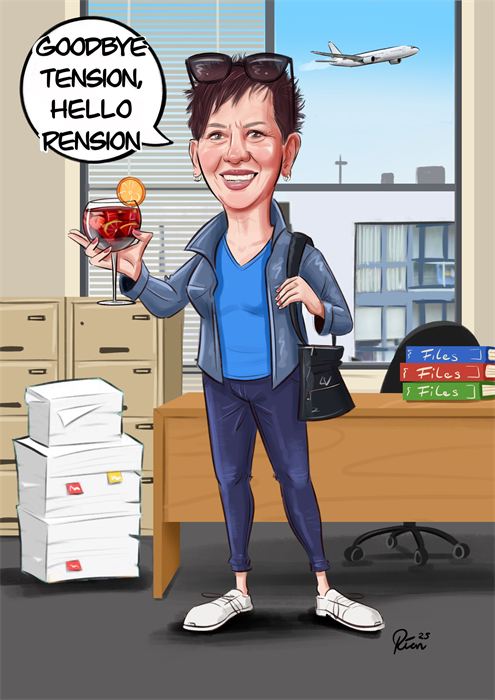 Retirement caricature of a woman with a 'Goodbye tension, hello pension' speech bubble