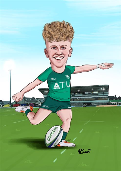 Caricature of a rugby player in green kicking a ball on the pitch