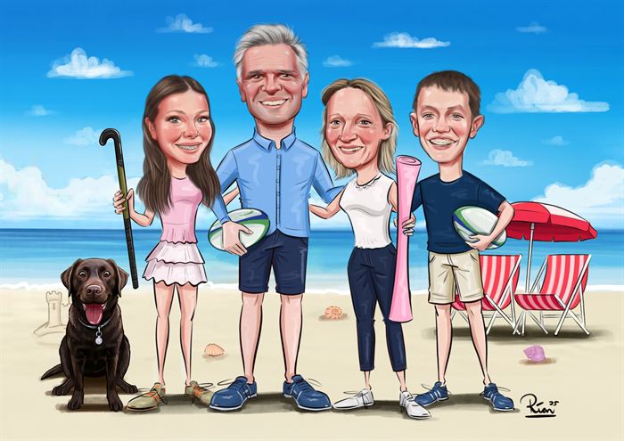 Family caricature of four on a sunny beach with their chocolate Labrador