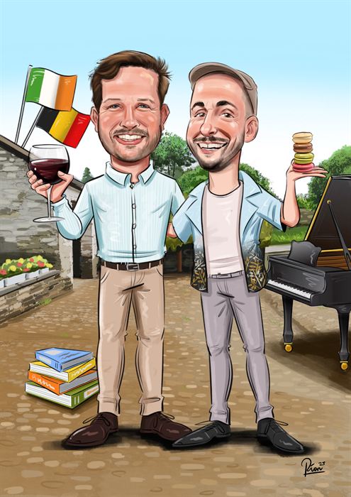 Caricature of two men with a glass of red wine, a burger, a stack of books and a piano