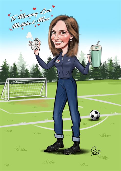 Caricature of a mum on a football pitch with a message from her kids, Matilda and Max