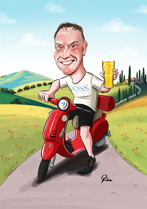 Caricature of a man riding a red Vespa through the countryside with a pint in hand