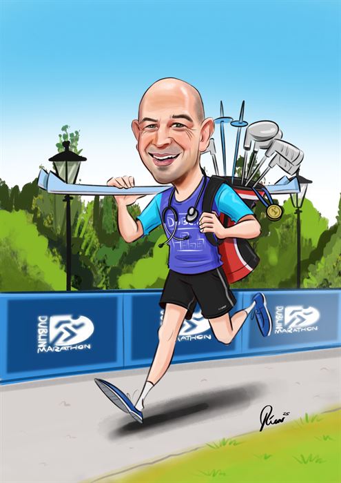 Caricature of a marathon runner carrying a bag of golf clubs