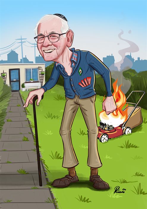 Caricature of an older man with a walking stick beside a lawnmower that has caught fire