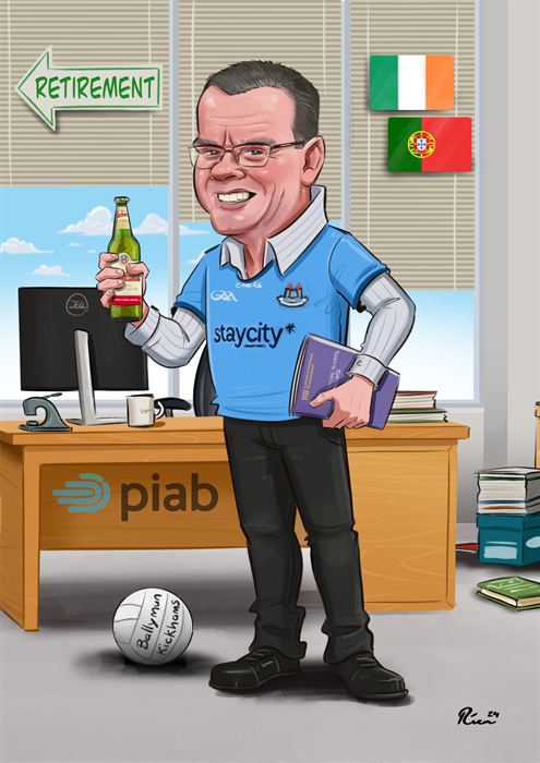 Retirement caricature of a man in a Dublin jersey at his office desk with a beer, an Irish flag and a Portuguese flag