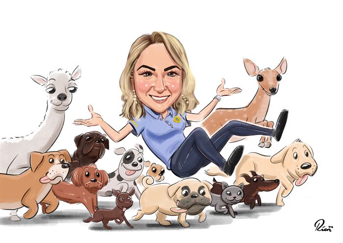 Caricature of a woman surrounded by her dogs and other animals