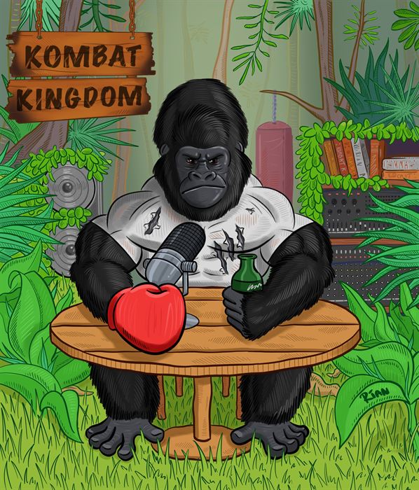 Caricature of a gorilla in boxing gloves at a table in the jungle under a Kombat Kingdom sign