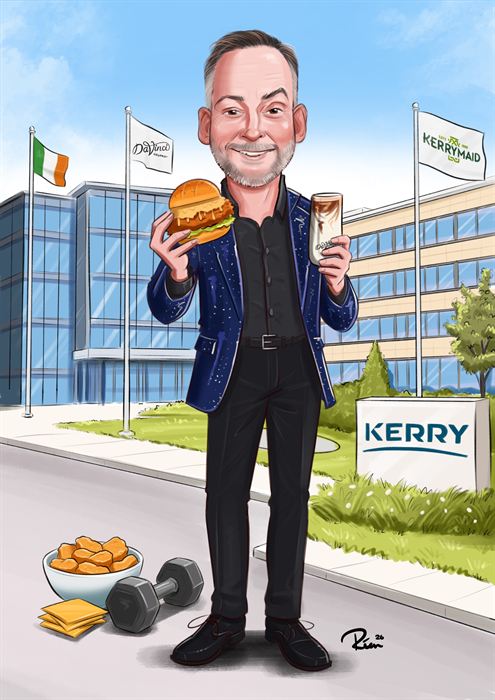 Caricature of a man holding a burger and a drink outside the Kerry offices