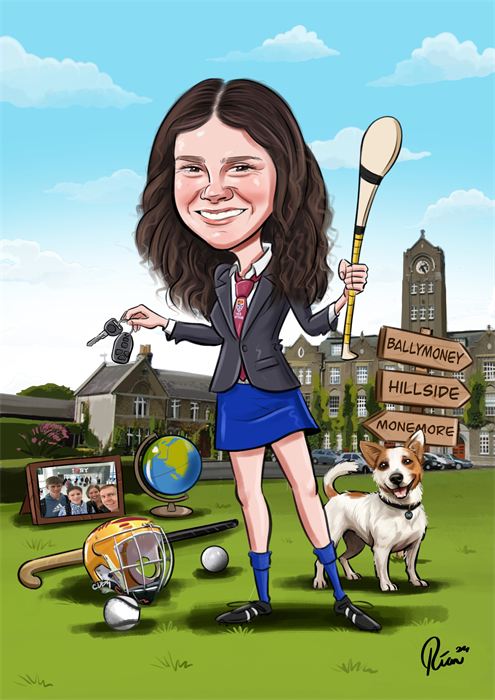 Caricature of a girl with a hurley and her dog, surrounded by her school, sports and favourite things