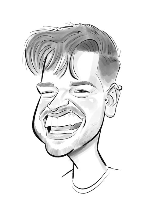 Black and white digital caricature of a laughing young man