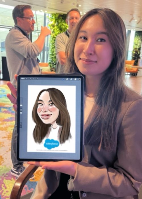 Guest smiling with her live caricature on an iPad at a corporate event